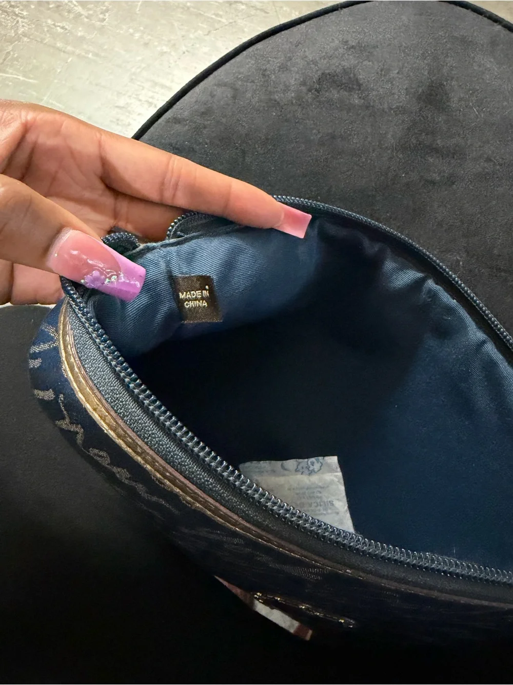 Coach Poppy Blue Script Heart Zip Pouch with Gold Trim